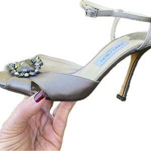 Jimmy Choo Satin Gemstone Open Toe Heels Pewter Champagne size 10, heel 4 1/2